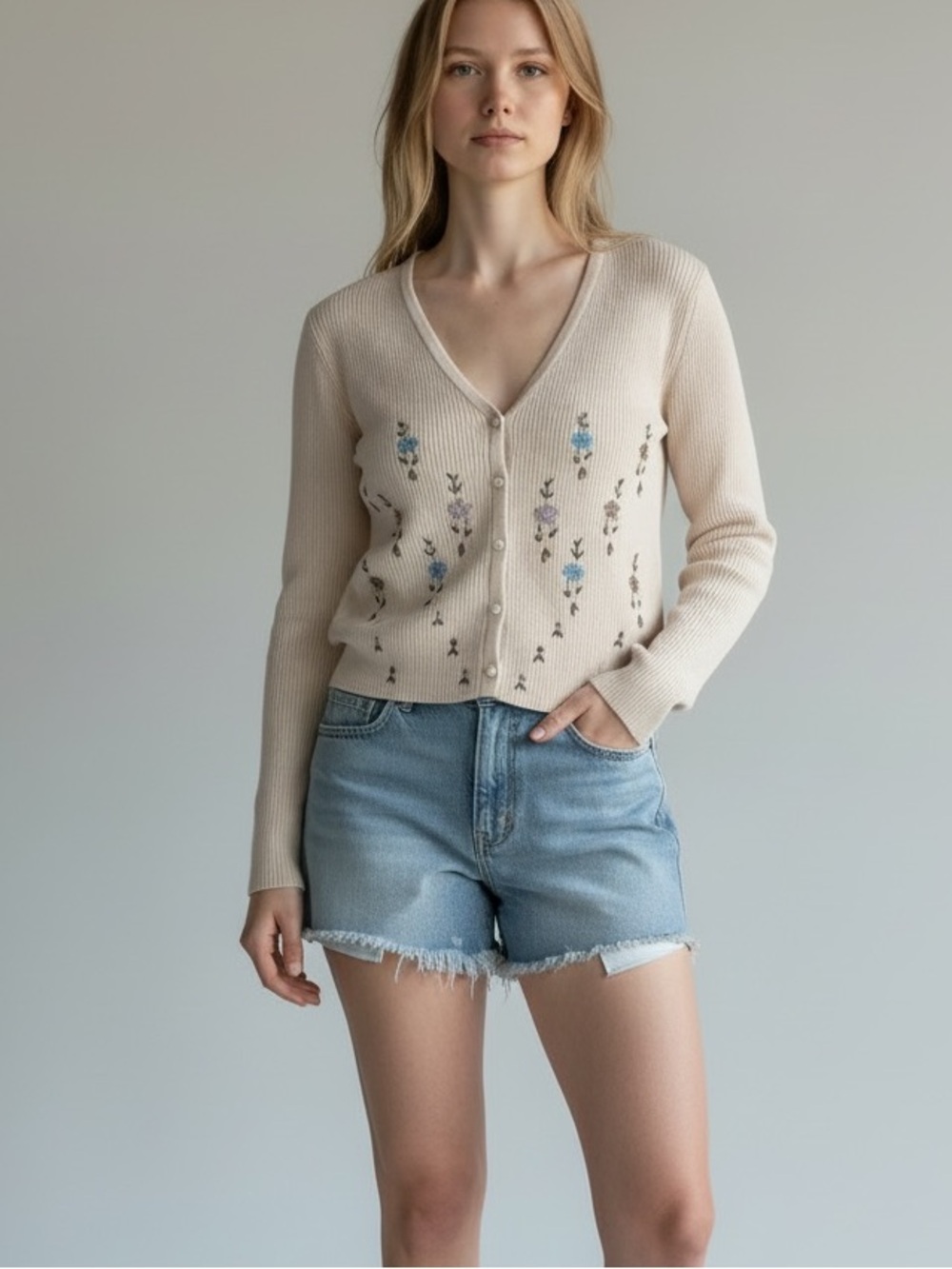 Willow & Wind cream-colored ribbed knit floral embroidered cardigan Cream NEW S